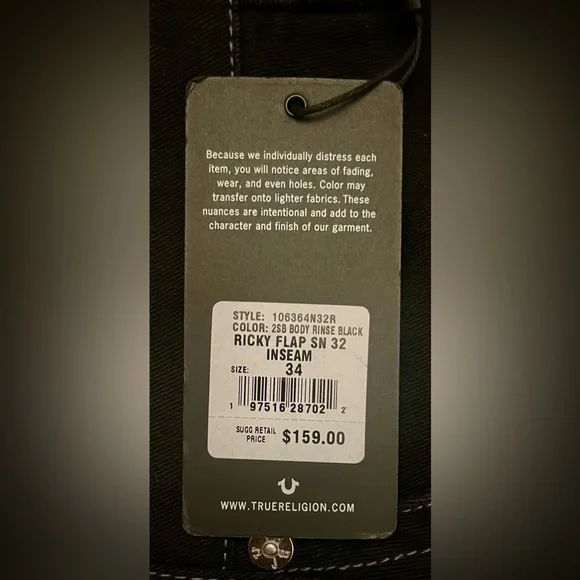 NWT True Religion 34W 32L Ricky Flap 2SB Body Rinse Black Relaxed Straight Jeans - Picture 8 of 11